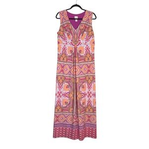 Chico's Geometric Aztec Inspired Maxi Dress Size M Vacation Resortwear Tropical‎